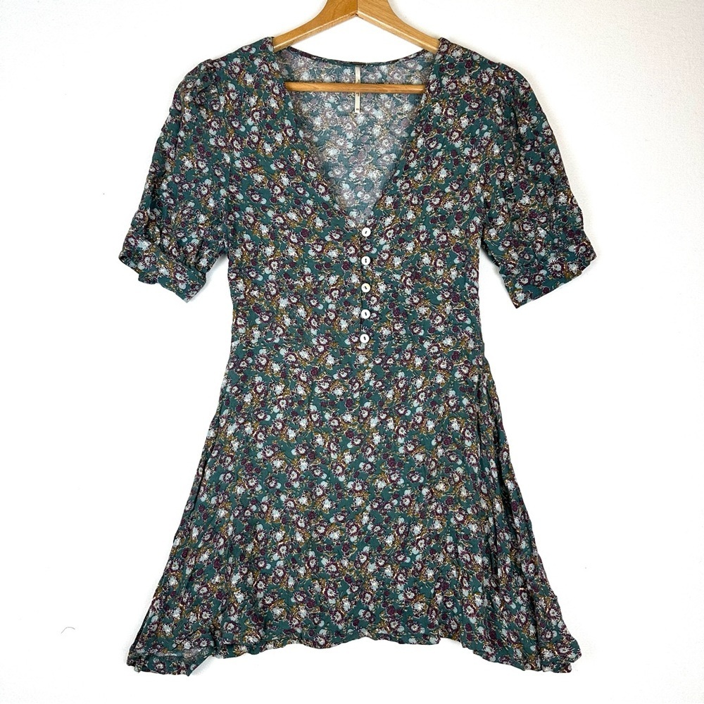 Free People Viscose Provence Floral Button Down Crinkle Mini‎ Dress Cottagcore